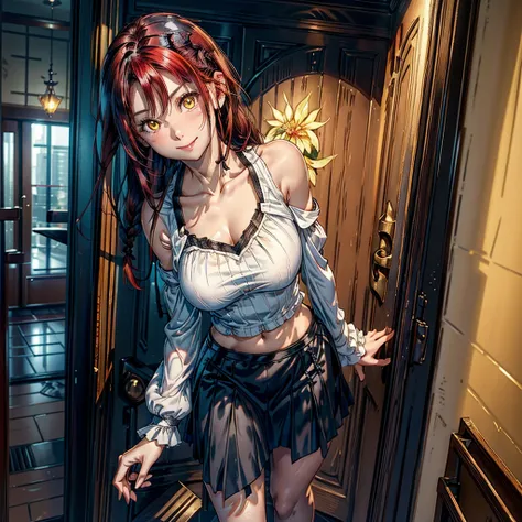 women, natural redhead, by the wide, 2 braids, Whole body, standing, short black skirt, white long sleeve off shoulder blouse,translucent blouse, yellow eyes, chest a little big, Leaning on the entrance of a door, View up, flirtatious smile, mischievous sm...