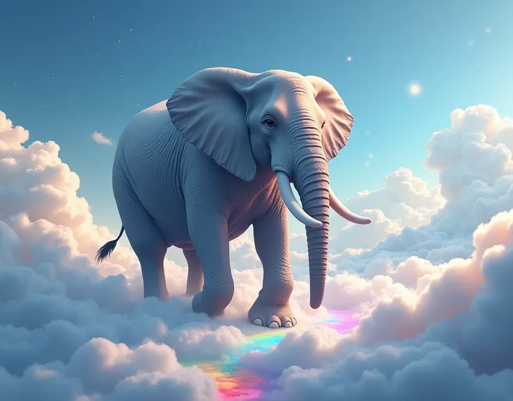 A giant elephant walks along a path of clouds. Her velvet paws leave rainbow footprints in the sky, and the stars peek curiously from behind the clouds.