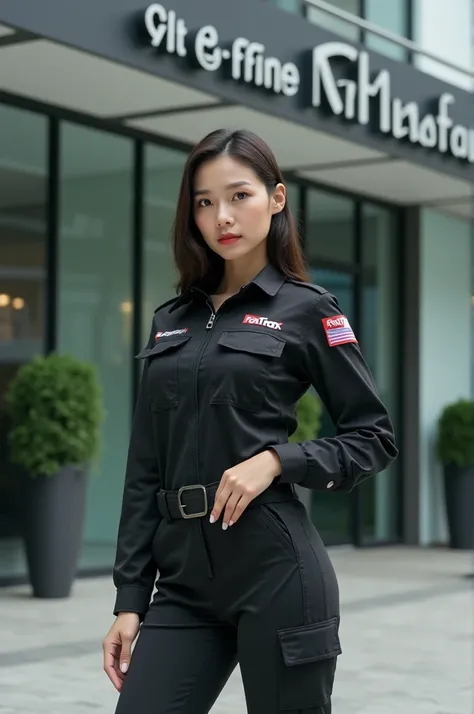 a beautiful Asian woman wearing a FastRX cargo uniform with the logo, is posing in front of the PT office. RAHMAT TITIPAN INTERNUSA with a big logo, HD quality,