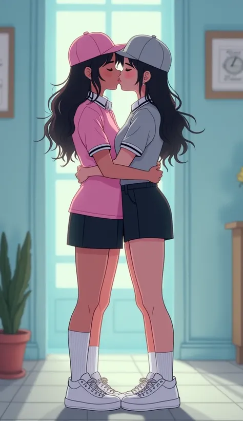 Two girls, long black hairs, yuri, lesbian

The first girl wear a pink adidas polo shirt, pink cap, black pencil skirt, black underpants, long white socks, white sneakers high top.

The second girl wore a grey adidas polo shirt, grey cap, black pencil skir...