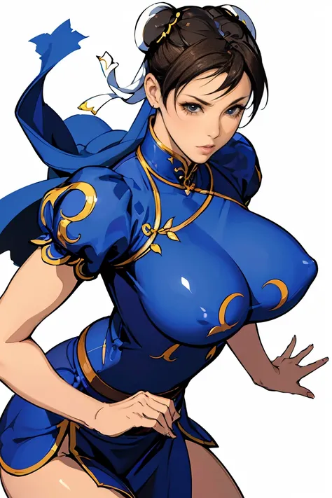 ((A woman modeled after the character Chun-Li)), , Medium Hips, Bright Eyes, Very flashy,Huge breasts, Puffy nipples, tight, ((ultra Realist)), TM Ninja White, icon, cores Vibrants, Vector Style, Digital Art, 4K, Intricate details, charm, Professionally do...