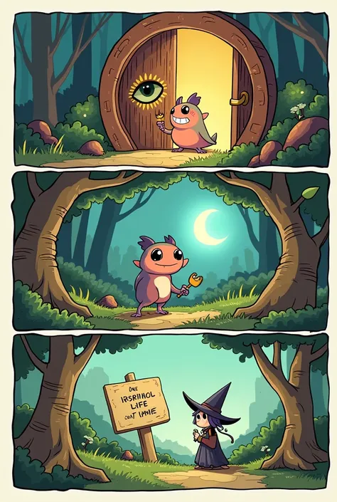 Write a three-panel strip in cartoon style. First panel: an axalot finds a door with an eye in the middle. The style of the door is the portal to the owl house. Second panel: the axalot finds an owl witch. Third panel: a sign written five years later. All ...