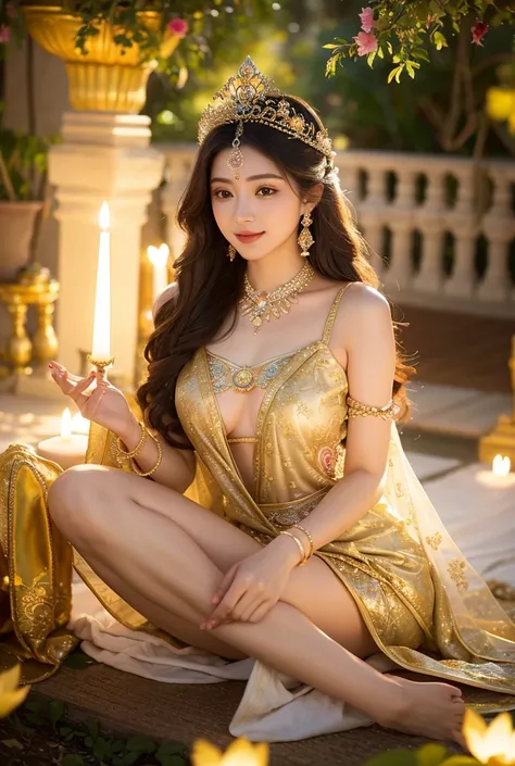 

The reconstructed image depicts a beautiful young woman as Goddess Lakshmi with a serene demeanor. She is adorned with an intricate crown, adorned with gems and colorful flowers that radiate a magical aura. Her outfit is equally delicate, with delicate p...