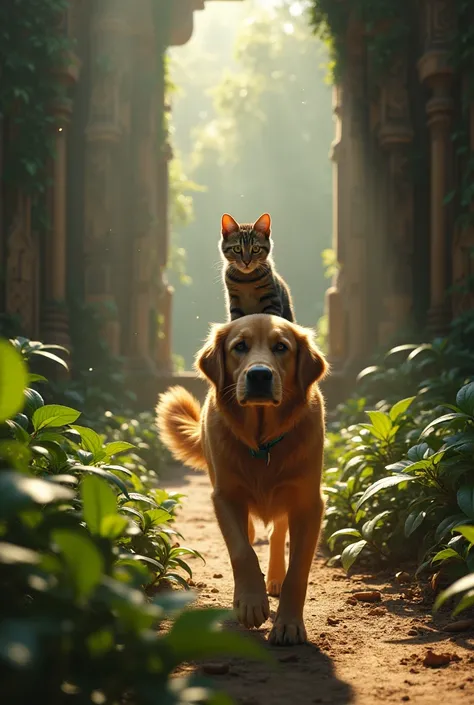 "Ultra-realistic 4K cinematic shot of a golden retriever dog and a tabby cat exploring an ancient, overgrown temple deep in the jungle, the dog cautiously leading the way with the cat perched on its back, sunlight streaming through broken temple walls, vin...