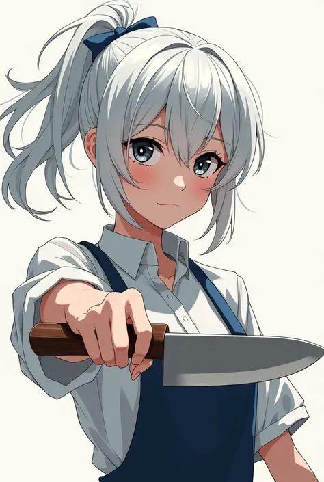 A white-haired, dark-eyed anime girl with a ponytail is holding a cooking knife.