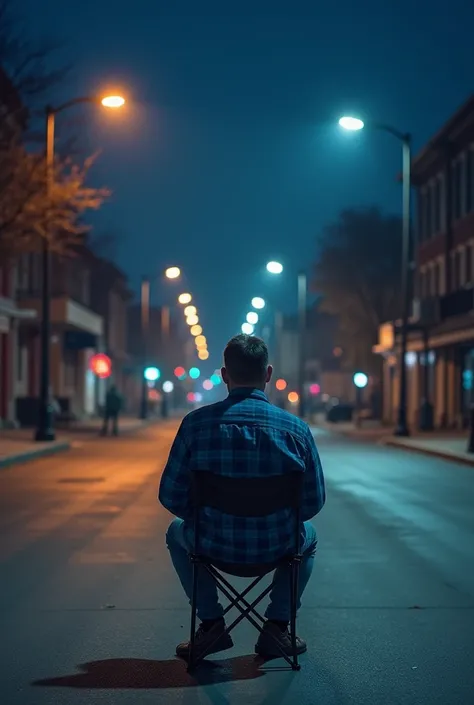 draw me a picture of a man wearing a blue and black checkered flannel shirt sitting on a folding chair in the middle of an empty street at night, the atmosphere is quiet and only street lights illuminate it