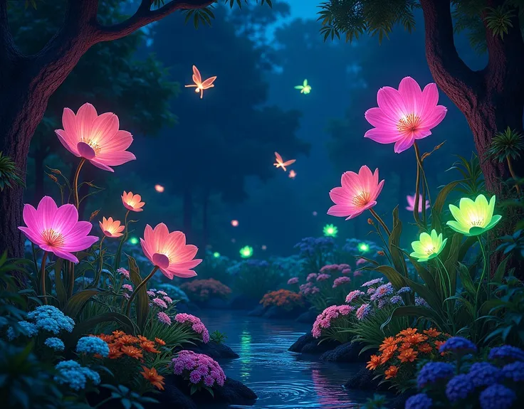 A night garden where flowers emit their own light in electric tones: fuchsia roses, turquoise blues and lime greens. The insects fluttering around them also glow brightly..