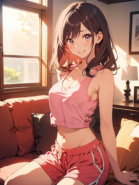 masterpiece, best quality, cowboy shot, solo, 1girl, mlppinkiepie, smile:0.5, looking at viewer, pink tank top, pink sweat pants, living room, indoors,dynamic lighting, slight smile, medium sized breasts