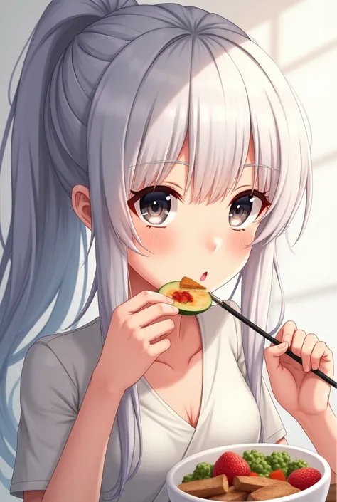 A white-haired, dark-eyed anime girl with a ponytail is eating food.