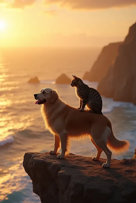 "4K ultra-realistic cinematic scene of a golden retriever dog and a tabby cat standing triumphantly on the edge of a cliff overlooking a vast, serene ocean at sunrise, the wind gently blowing through their fur, the cat perched proudly on the dogs back, ray...