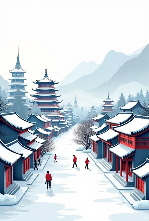 Vector illustration, buildings in Heilongjiang City in blue and white, Heilongjiang City, Heilongjiang style pattern lines, graphic design poster art, bold lines, smooth lines, classical patterns and themes, woodcut prints, meticulous character design, sno...