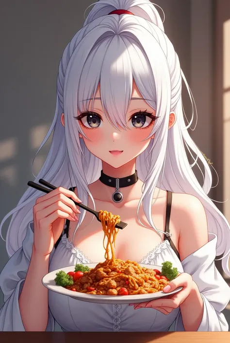 Anime girl with white hair and dark black eyes in a ponytail eating big boobs