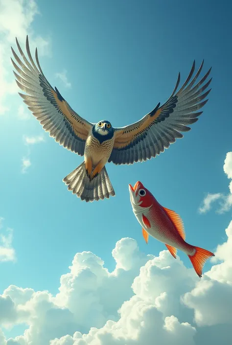 A bird gets overtaken by a fish high in the sky ,  le poisson  lui coupe la route