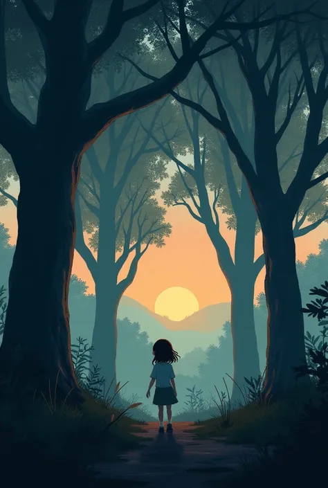 A young girl cautiously approaching the forest at dusk.