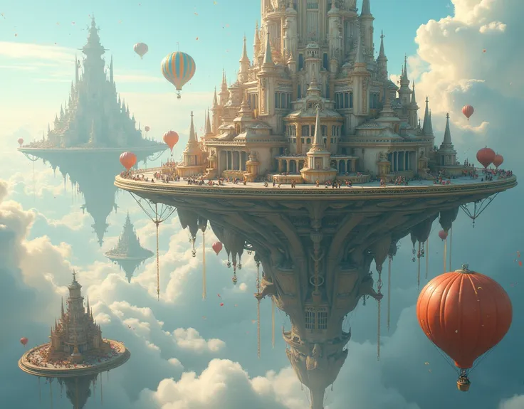 A surreal city suspended in the air, with buildings that look like giant balloons. Residents travel in airships and the streets are filled with sparkling confetti..