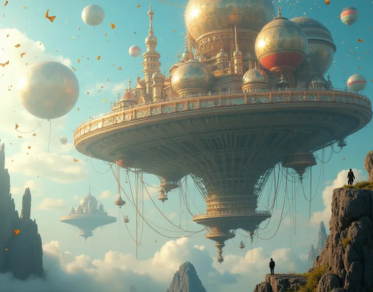 A surreal city suspended in the air, with buildings that look like giant balloons. Residents travel in airships and the streets are filled with sparkling confetti..