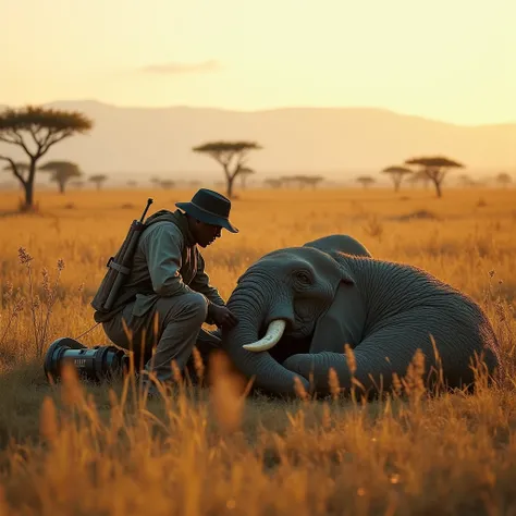 an elephant is on the ground sleeping while a poacher removes its tusks or ivory with a saw in the African savannah in the African savannah 4k ultra realistic