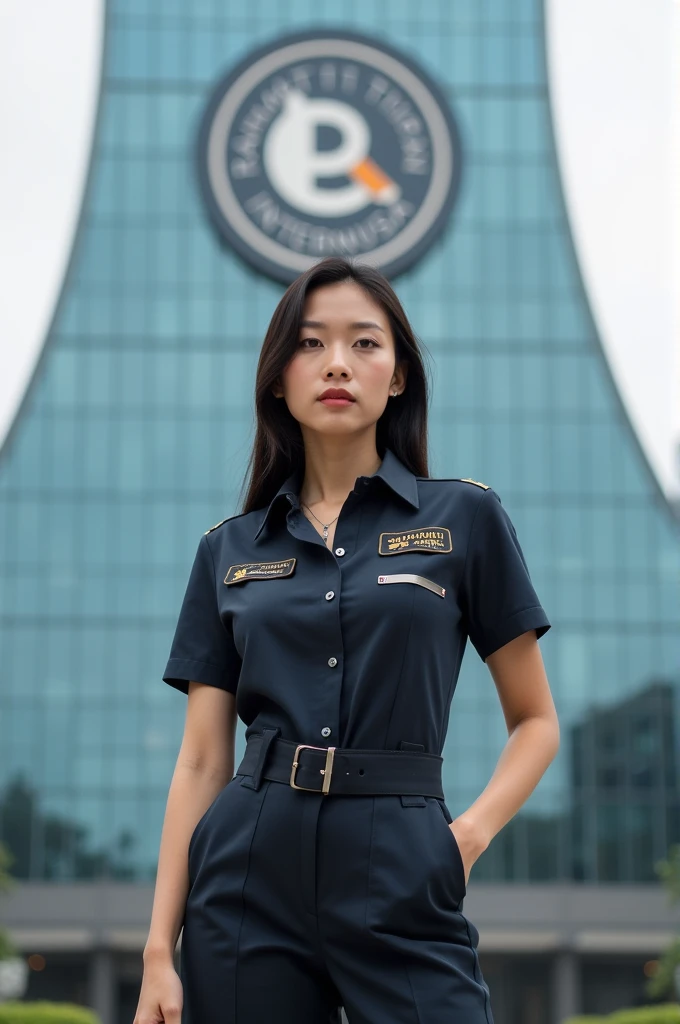 a beautiful Asian woman wearing the FastRX cargo uniform with the logo, is posing in front of the building RAHMAT TITIPAN INTERNUSA with a big logo, HD quality