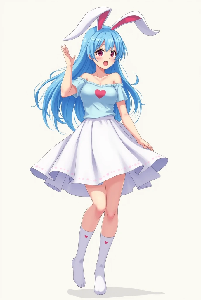 create me a picture of a big girl, and wearing a no sholder top colour light blue, and the top has a Heart on it, and she wears a white skirt till her knee, and she is wearing long whitesocks. bunny like ears and she is giving a VERYYYYYYYYYYY cute pose. a...