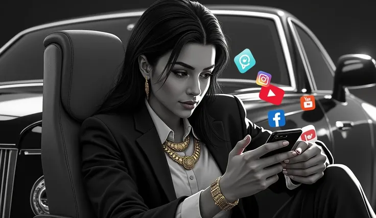 {
  "prompt": "A powerful thumbnail representing "ostentatiousness on social media", The image must be realistic and illustrative, mainly in black and white. Show a person with a gold necklace, a gold watch on his wrist, glasses, women around him, leaning ...