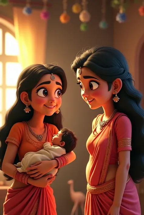 Scene Description: Depict the joyous moment when Ghushma gives birth to a son. Sudeha is shown congratulating her sister but with a shadow of jealousy in her eyes.
Focus: The celebration and the underlying tension.
Sudeha’s Jealousy and Sinister Plan:
In C...