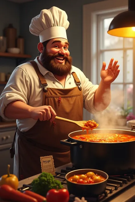 In a cozy, warmly lit kitchen, a jovial, stout chef stands proudly in front of a large, bubbling pot. His apron is splattered with various sauces and his hat slightly askew, adding to his charmingly disheveled look. With a wooden spatula in hand, he stirs ...