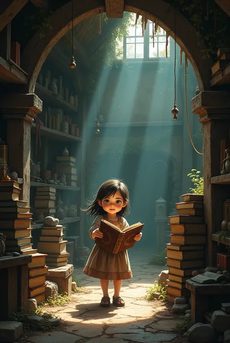 The girl discovering an old, dusty spellbook inside the witchs hut.