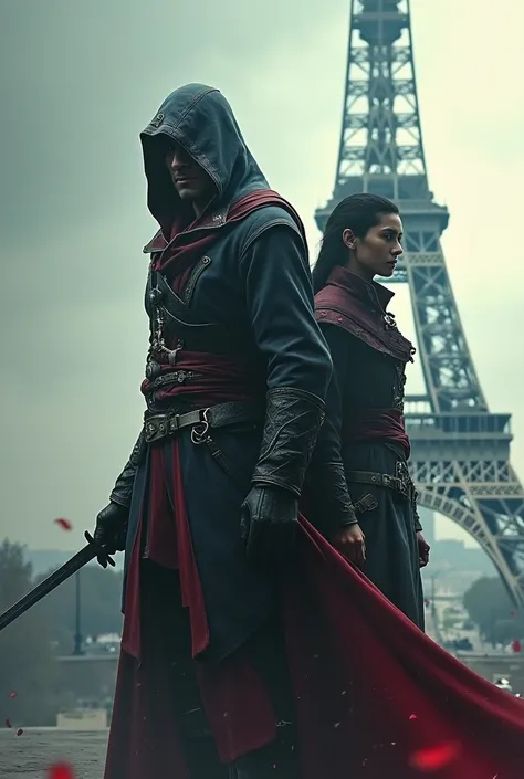 Two assassins creed characters and background with paris tower. One assassin is older and assassin is younger version of the old version. Younger assassin standing behind the older assassin in side pose .combine all this as poster