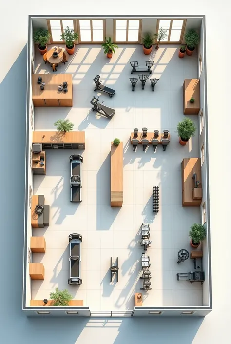 Create an isometric view of an architectural plan of a gym, that has different exercise equipment such as weights, treadmills, spin bikes and large windows that allow natural light in 