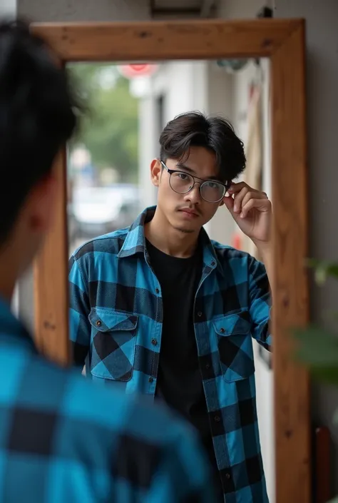 make me a picture of a man taking a mirror selfie wearing a blue and black checkered flannel shirt in the mirror in front of a shop in Malang city