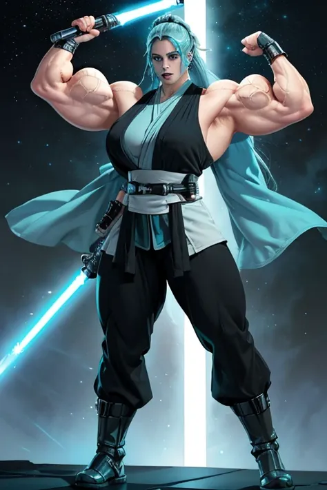 (((Massive, tall, beautiful, buff, muscular pale white skinned female Jedi with cyan hair, black lipstick, ginormous bulky muscles, holding a lightsaber and wearing an all cyan Jedi outfit and Jedi pants))), (close view), black eyeliner, massive muscles, m...