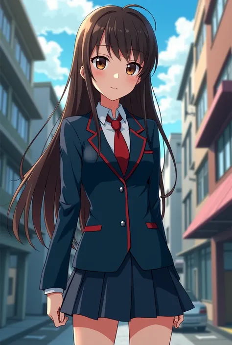 Style anime Tokyo Revenger, a young girl, king, slim, long dark brown hair, Brown eyes, Tomas uniform 