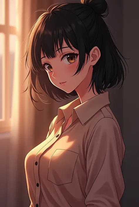 Junior high school student with a young face、Bun hairstyle、 Short Hairstyles、The eyes are large and clear、Black Hair、My shirt is about to tear、Big Breasts、Glamour thighs:1.2、satin button down shirt, Highly detailed face, double eyelid, Round face:1.2、whole...