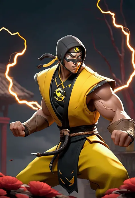 arafed image of a man in a yellow and black outfit with lightning, scorpion from mortal kombat, character from mortal kombat, in mortal kombat, mk ninja, badass anime 8 k, hq 4k wallpaper, hq 4k phone wallpaper, mortal kombat 11, wallpaper 4 k, wallpaper 4...