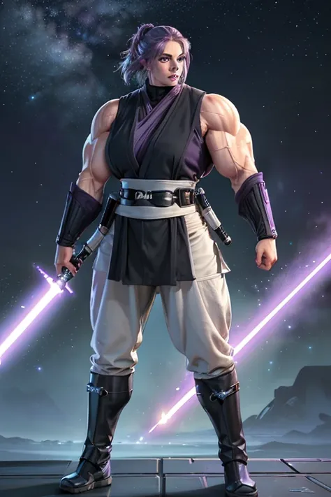 (((massive, tall, beautiful, buff, muscular pale white skinned female jedi with violet purple hair, black lipstick, ginormous bu...