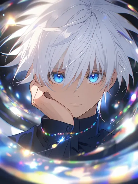 1boy, white hair, blue eyes, dark blue outfit, high colar, hand on face, looking at viewers, dreamy lights,upper body, very deta...