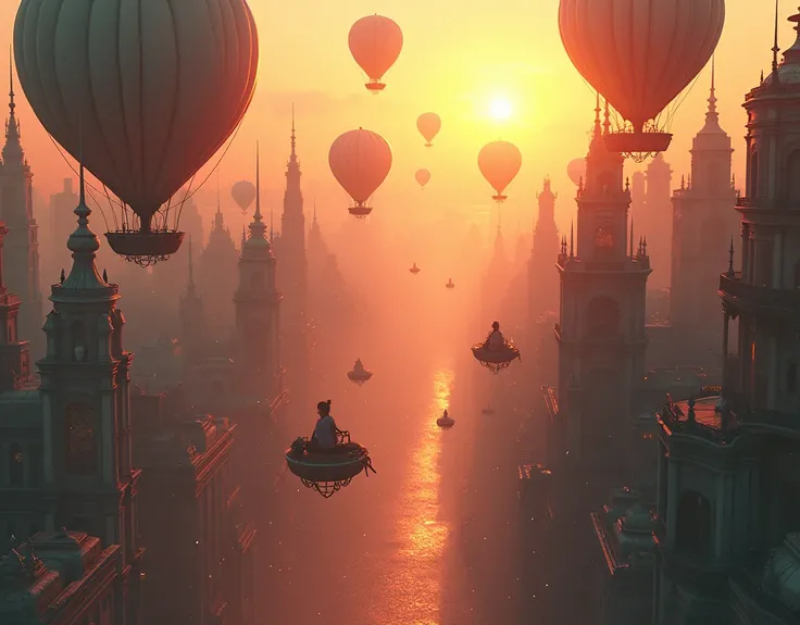 Drone-style aerial shot of a surreal city suspended in the air at sunset, with buildings that look like giant balloons. Residents travel in airships and the streets are filled with sparkling confetti..