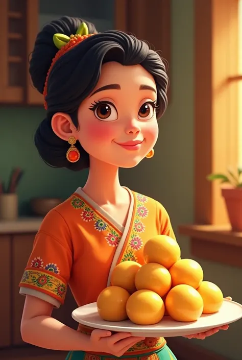 Animated mother holding yema balls full body