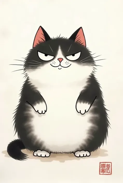 using chinese traditional ink water painting style to create a smart cat with tricky eye and white and bkack fat body