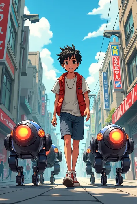 Make a boy walk down the street on four banks, manga art style 