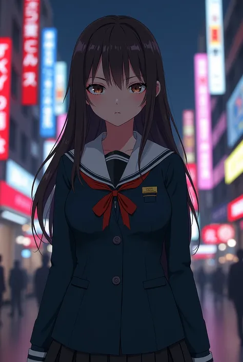 Tokyo Revenger style, a young girl, king, slim, long dark brown hair without bangs, Brown eyes, Tomas uniform 