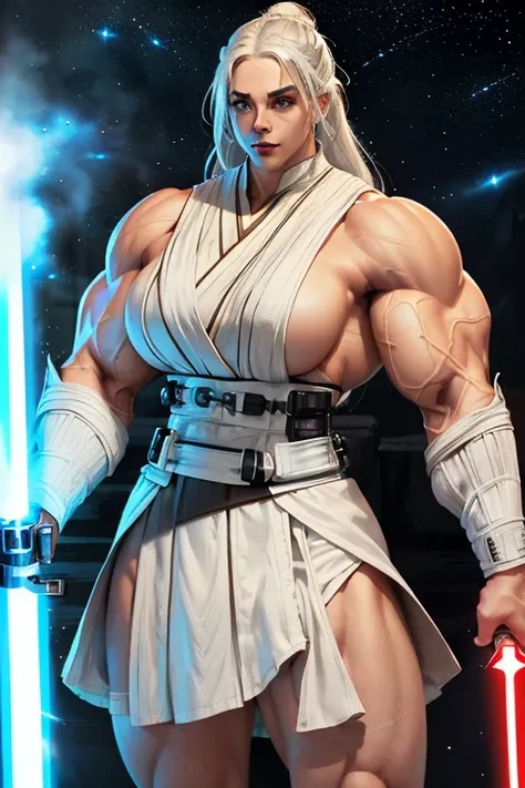 ((((Massive, tall, beautiful, buff, muscular light brown skinned female Jedi with white hair, black lipstick, ginormous bulky muscles, holding a lightsaber and wearing an all white Jedi outfit and pleated skirt)))), (close view), black eyeliner, massive mu...