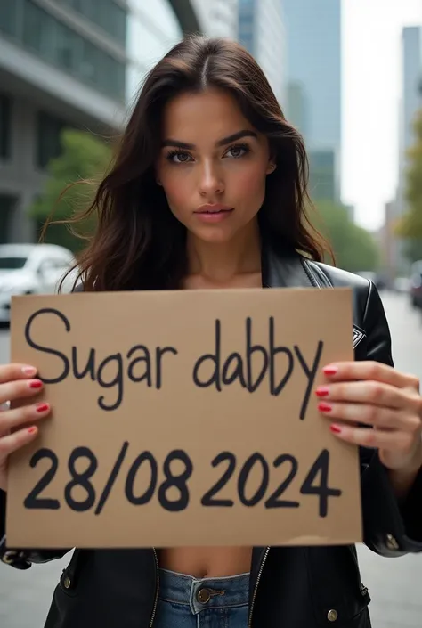 Une femme brune qui se prend en selfie en tenant un panneau avec écrit Sugar Daddy 28/08/2024 