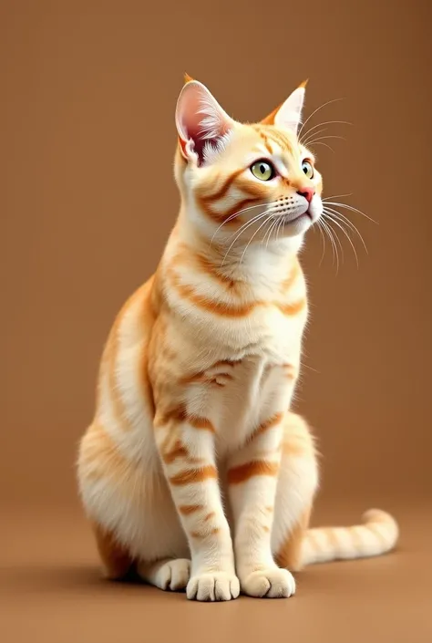 a beautiful yellow tabby cat sitting sideways isolated on a brown background