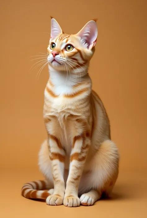 a beautiful yellow tabby cat sitting sideways isolated on a brown background