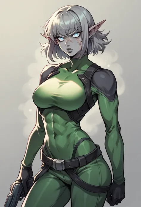 {4k image}, 1 Beautiful female humanoids, gray skin, pointed ear, bangs in the hair, gray hair,scar, blue light eyes, athletic build, black and green tight-fitting jumpsuit(high-tech) , wide lips, sirious face,manga lineart (with colors),{centered image}, ...