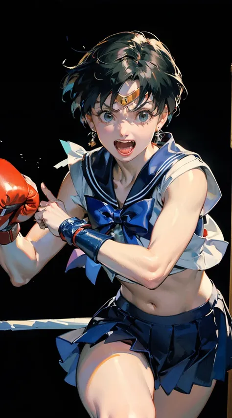 (Dynamic Boxing Pose:1.25), 1 girl, Beautiful face, Intense lighting),raw, 1 girl, ((rage)), Color Theme Red, Dramatic light, Violence Everywhere, Bloody destruction of corpses in the background, Dark and blurry background, (joyous expression:1.4), (Raging...