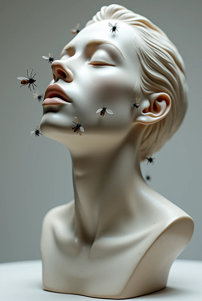 Create a sculpture based on the saying “flies don’t enter a closed mouth” A sculpture of a person with their mouth closed and with flies or insects around them 