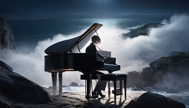 Professional photography of a Pianist playing the old piano with passion face on the cliff with an ocean background, looks very intense, the night atmosphere is lit by moonlight, fog covers the area.