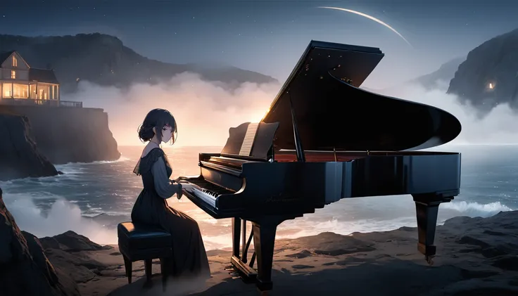 Professional photography of a Pianist playing the old piano with passion face on the cliff with an ocean background, looks very intense, the night atmosphere is lit by moonlight, fog covers the area.